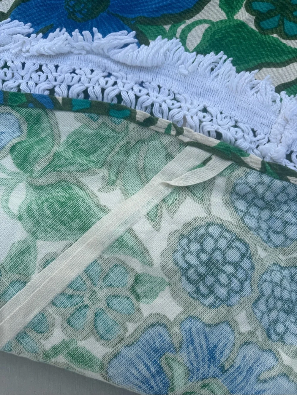 Vintage Retro Blue White Floral Round Tablecloth with Fringe Groovy